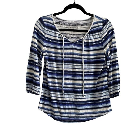 Talbots Tops - Talbots Petie Women SZ S Blue/White Striped Split Neck Tie Collar 3/4 Sleeve Top
